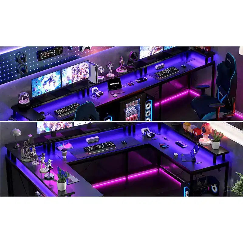 COZONY Bureau de jeu en forme de U/L 78", bureau d'ordinateur réversible avec prises de courant, lumières LED, support de moniteur et étagère de rangement, bureau d'angle pour le bureau à domicile