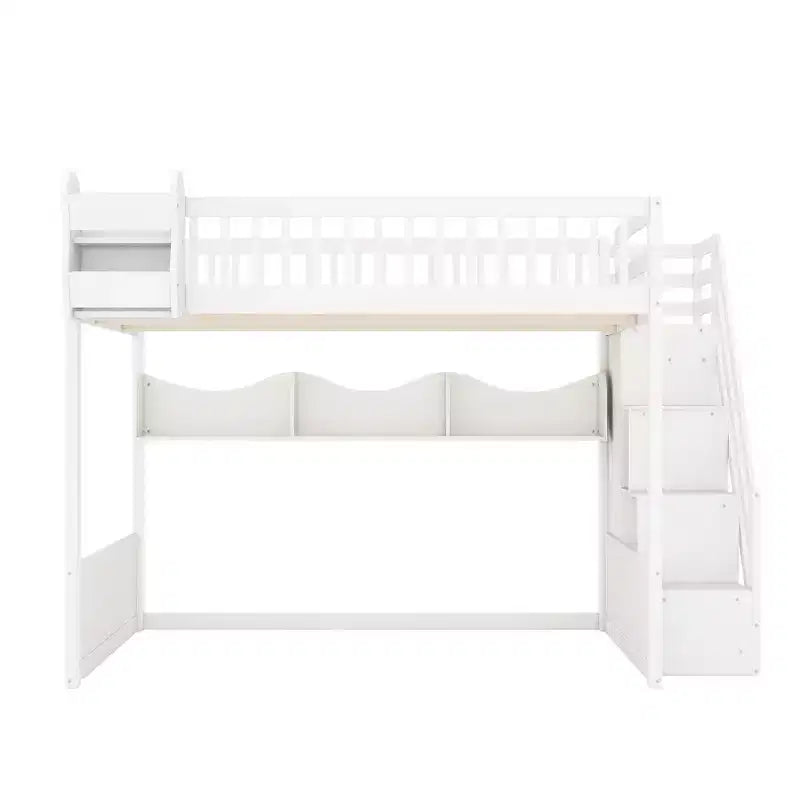 Lit mezzanine double avec escalier, armoire et étagères de rangement – MDF, 295 kg