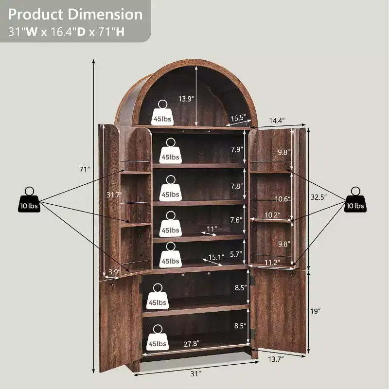 Garde-manger haut et arqué de 71 po, armoire de rangement moderne avec 3 tablettes réglables, 6 tablettes de porte, pour cuisine, salon