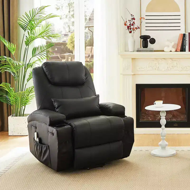 Fauteuil inclinable électrique avec fonction releveur, massage et chauffage Bestier 34,6 po, fauteuil inclinable en similicuir avec poches latérales et porte-gobelets
