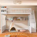 Lit mezzanine double avec escalier, armoire et étagères de rangement – MDF, 295 kg