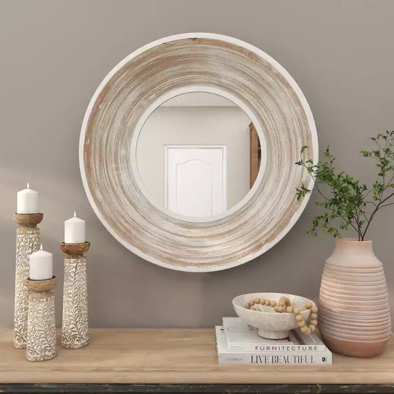 Miroir mural en bois 35x35 avec effet blanchi crème - Olivia & May : Aucun assemblage, cadre en MDF, usage intérieur