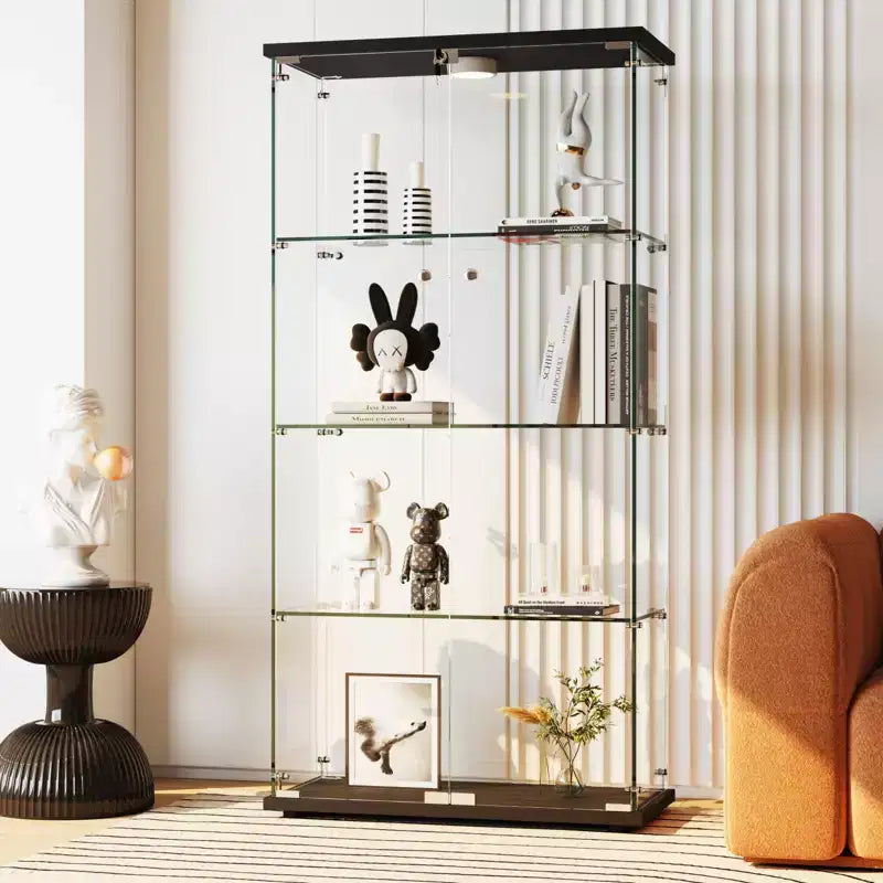 Vitrine d'exposition en verre trempé à 4 niveaux, vitrine entièrement vitrée avec lumières LED et capteur de corps humain, armoire de rangement pour objets de collection et décoration.