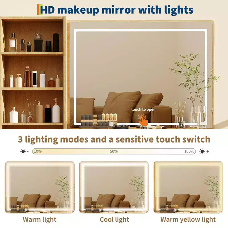 Coiffeuse de maquillage avec miroir éclairé et station de recharge, tactile 3 couleurs à intensité variable, 5 tiroirs et plateau en verre, table de maquillage moderne pour chambre à coucher