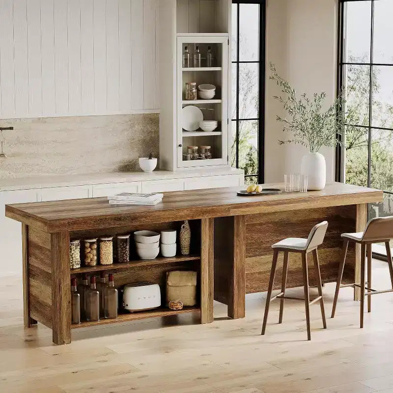 Lantine Table Îlot de Cuisine 140 cm avec Rangement, Table Îlot Fixe en Bois à 3 Niveaux, Table de Bar Moderne avec Étagère de Rangement pour Cuisine, Marron Rustique