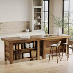 Lantine Table Îlot de Cuisine 140 cm avec Rangement, Table Îlot Fixe en Bois à 3 Niveaux, Table de Bar Moderne avec Étagère de Rangement pour Cuisine, Marron Rustique