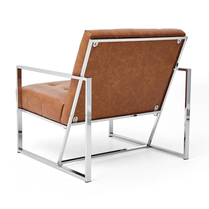 Glitzhome Fauteuil d'appoint touffeté en cuir PU crème, style milieu de siècle, 77,5 cm de hauteur, avec cadre chromé