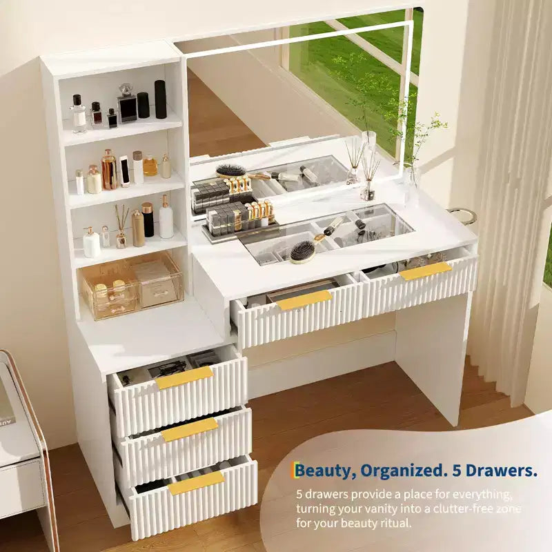 Coiffeuse de maquillage avec miroir éclairé et station de recharge, tactile 3 couleurs à intensité variable, 5 tiroirs et plateau en verre, table de maquillage moderne pour chambre à coucher