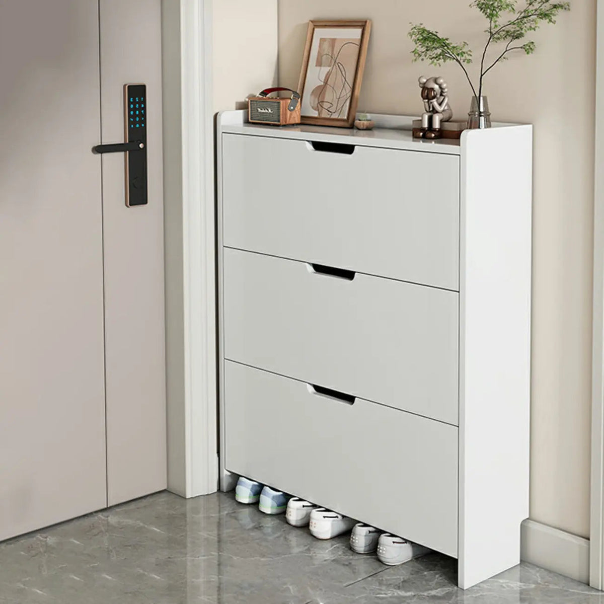 Meuble à chaussures 3 niveaux en bois blanc avec portes abattantes