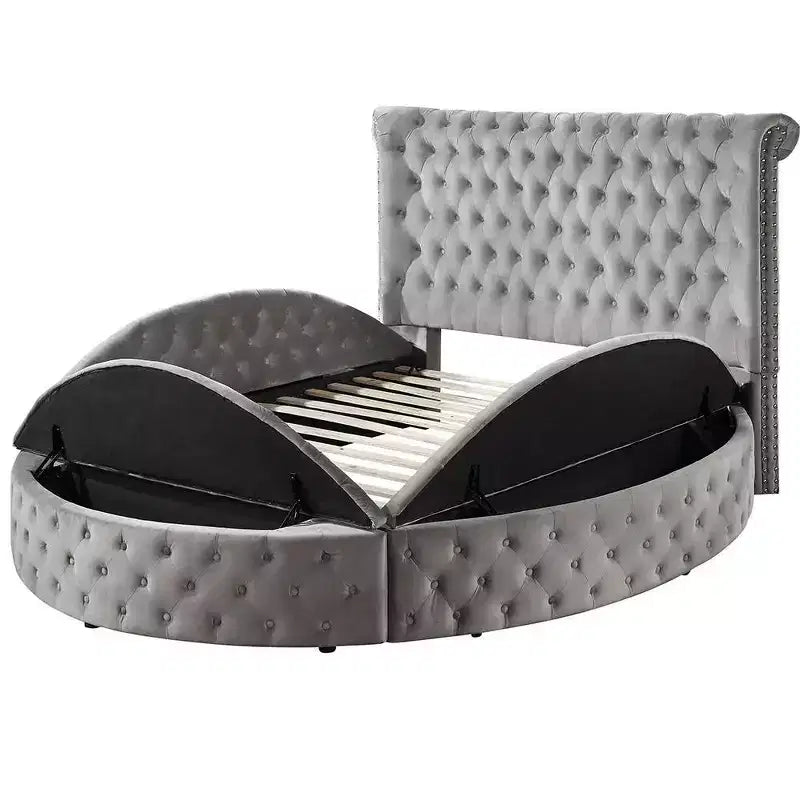 Lit Queen 109 Gaiva, velours gris - Acme Furniture : Design élégant avec clous décoratifs et capitonnage à boutons, cadre en bois composite
