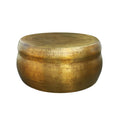 Table basse ronde de 81 cm, en forme de tambour, texture martelée en relief, aluminium, laiton antique