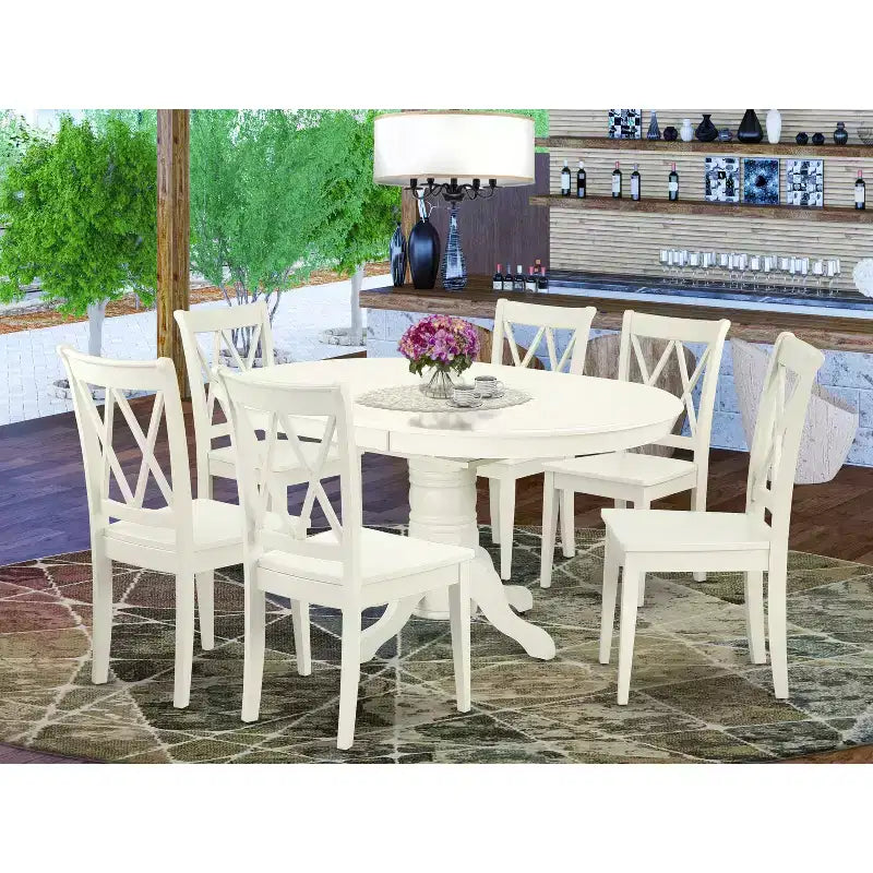 Ensemble de salle à manger 7 pièces HomeStock, table ovale et 6 chaises, blanc lin, style moderne