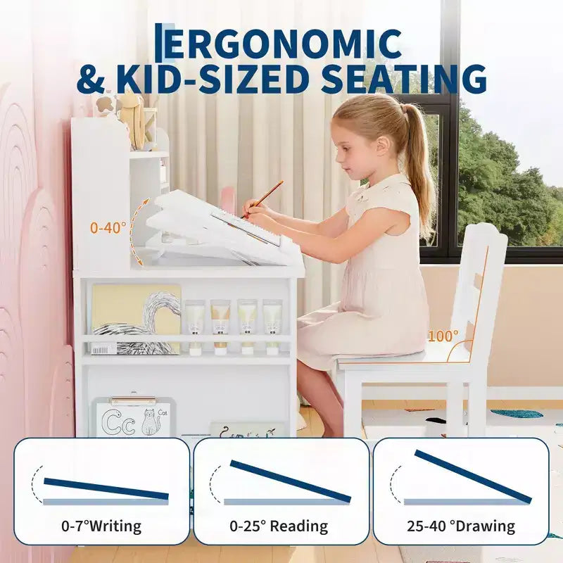 Bureau et chaise d'étude pour enfants avec rangement, bureau d'étude pour enfants avec étagère et plateau inclinable, table en bois pour enfants avec meuble de rangement pour les 3-8 ans