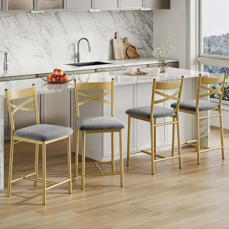 Lot de 4 tabourets de bar, chaises de bar rembourrées en PU, chaises d'îlot de cuisine avec dossier en X et repose-pieds en métal, chaises de comptoir noires