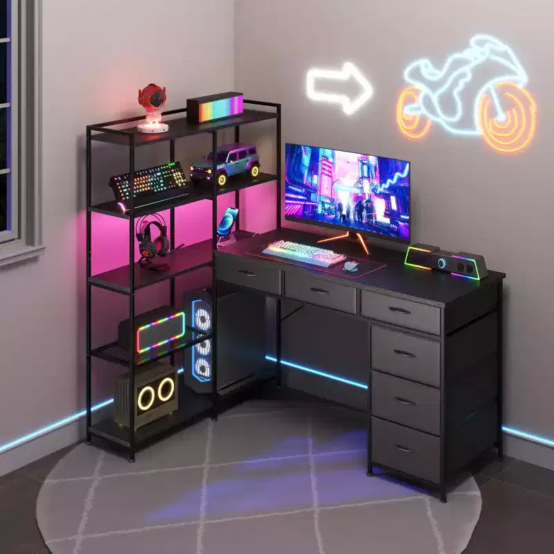 Bureau d'ordinateur en L de 120 cm avec 6 tiroirs et 5 étagères, bureau de jeu d'angle réversible avec lumières LED et prises de courant