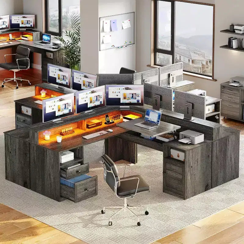 Bureau d'angle en L Balconera avec tiroirs, bureau d'ordinateur d'angle de 60 pouces avec prises de courant et plateau élévateur avec armoire de rangement et lumières LED Gris