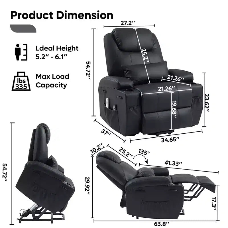 Fauteuil inclinable électrique avec fonction releveur, massage et chauffage Bestier 34,6 po, fauteuil inclinable en similicuir avec poches latérales et porte-gobelets