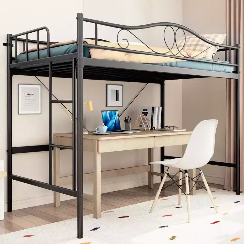 Lit mezzanine double avec échelle amovible et garde-corps de sécurité intégral, lit mezzanine double avec cadre en métal robuste d'une capacité de 180 kg, gain de place.
