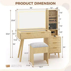Coiffeuse cannelée de 122 cm avec miroir et lumières LED, station de charge, tabouret de rangement rembourré pour chambre à coucher