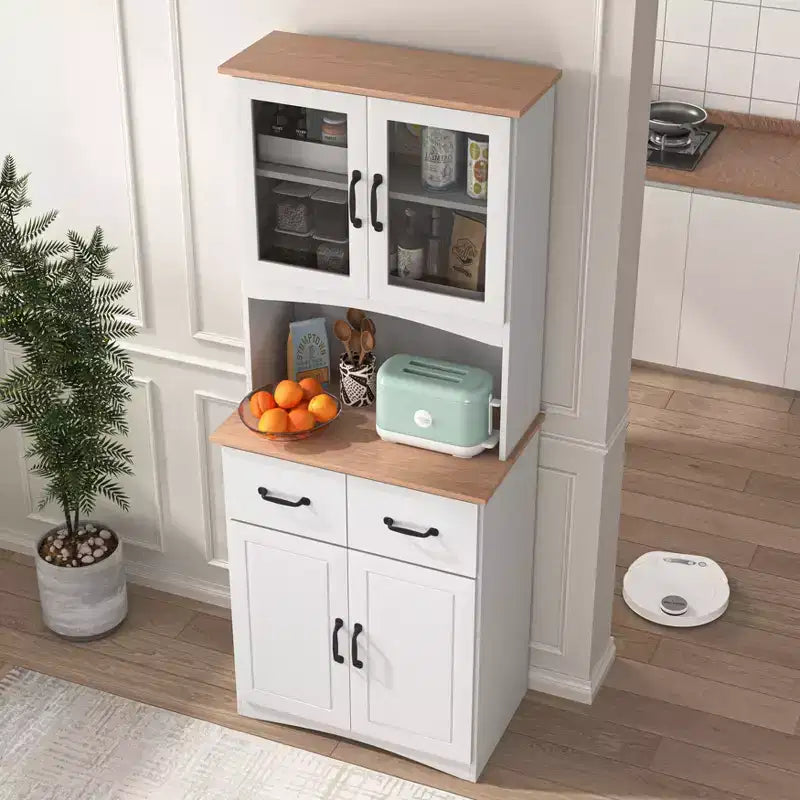 23 Armoires de cuisine en bois, armoire de garde-manger avec portes vitrées et tiroirs, étagères réglables, blanche
