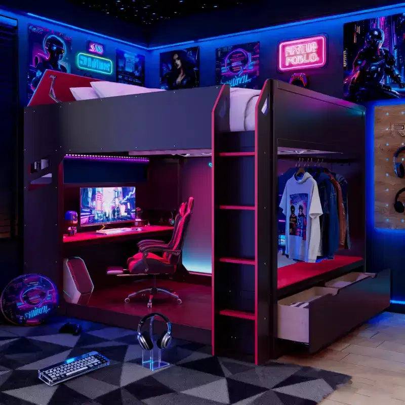 Lit mezzanine avec bureau réglable en hauteur, lumières RVB et rangement, lit gain de place pleine grandeur pour adolescents et adultes