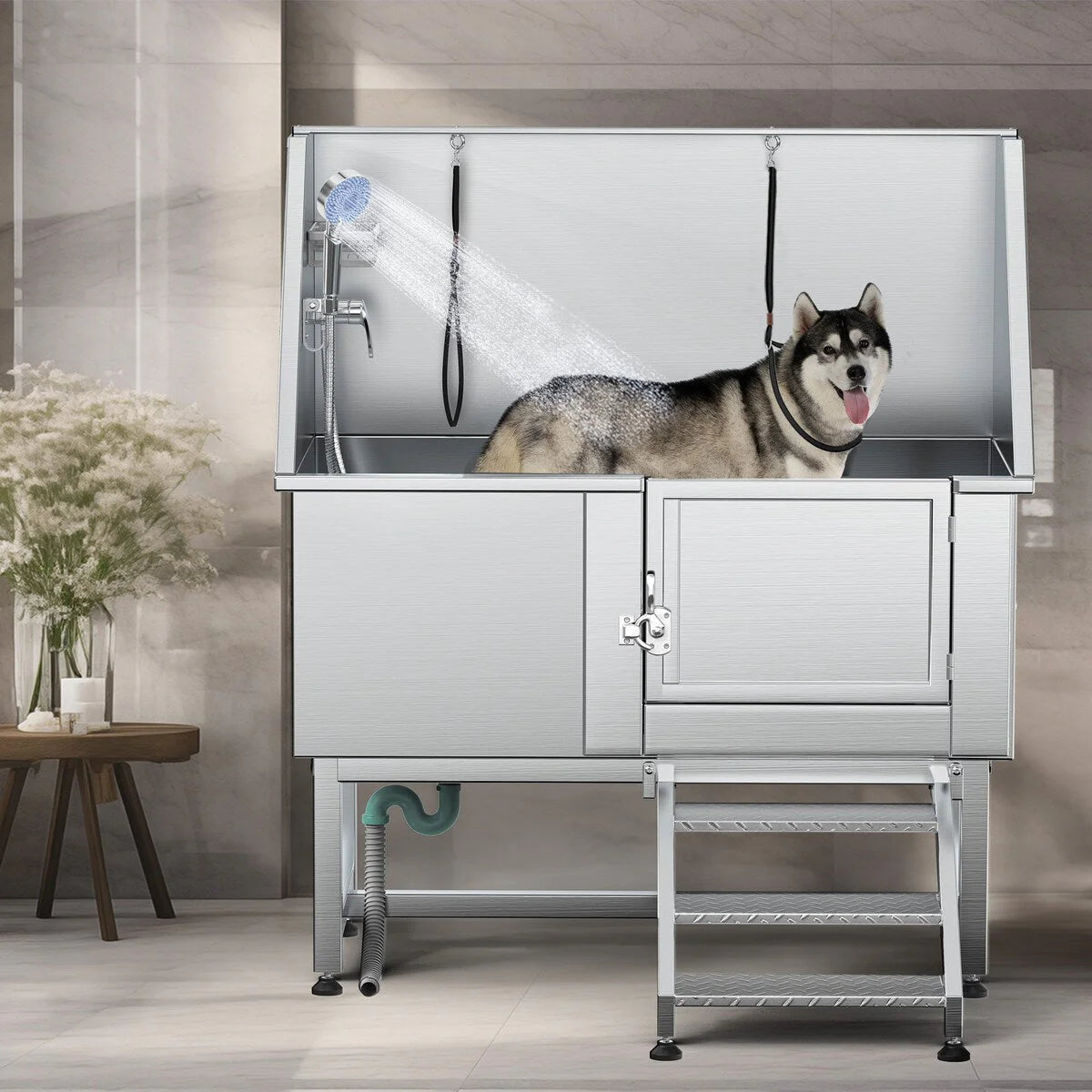Baignoire de toilettage pour animaux en acier inoxydable de 50 po avec rampe d'accès réglable