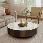 Table basse ronde moderne en faux marbre 35 po, plateau en pierre frittée blanche brillante, table du milieu du siècle avec tiroir en bois massif