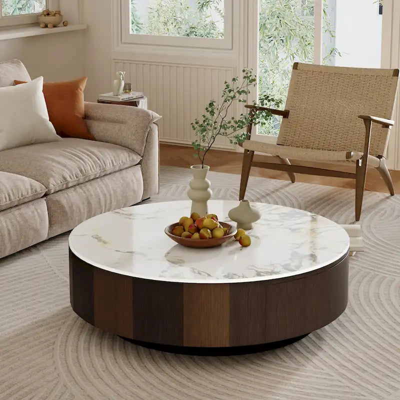 Table basse ronde moderne en faux marbre 35 po, plateau en pierre frittée blanche brillante, table du milieu du siècle avec tiroir en bois massif
