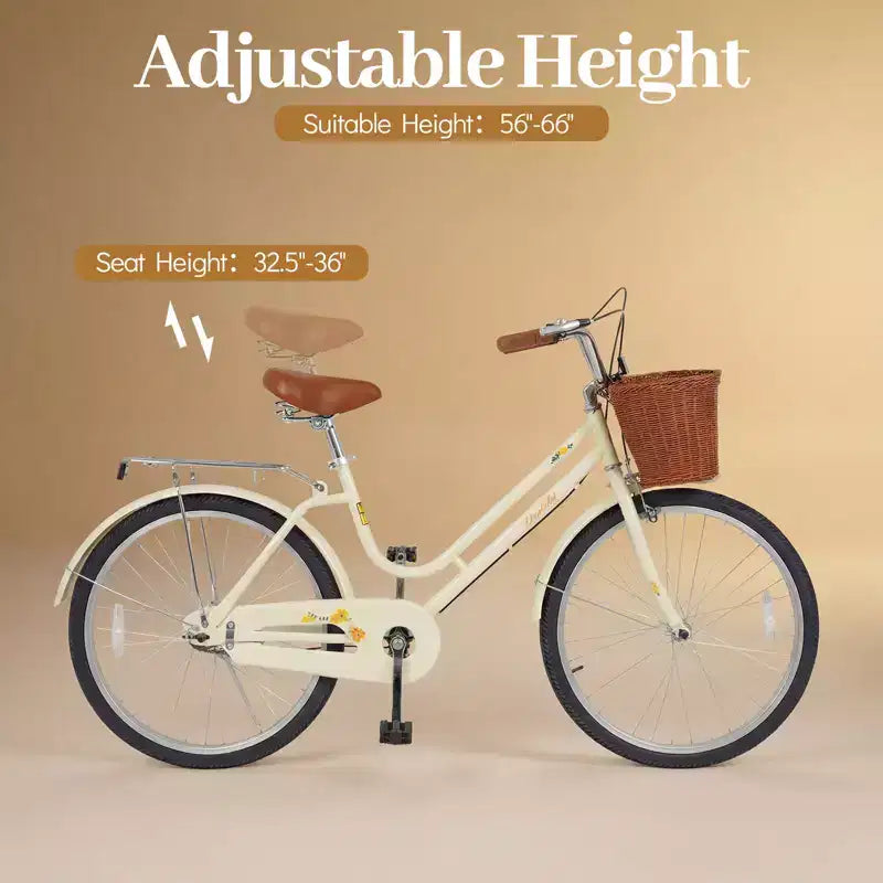 Vélo de ville Gymax Beach Cruiser 24 pouces avec selle réglable, panier tressé et porte-bagages arrière