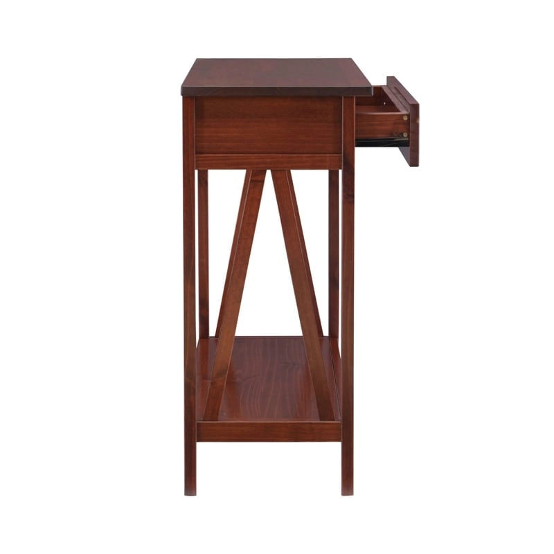 Console en bois marron tabac antique avec tiroir et étagère ouverte