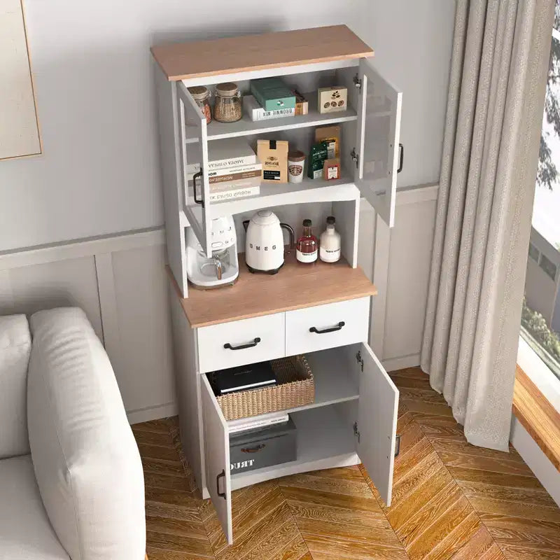 23 Armoires de cuisine en bois, armoire de garde-manger avec portes vitrées et tiroirs, étagères réglables, blanche