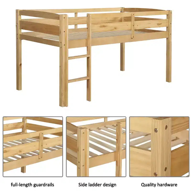 Lit mezzanine simple en bois massif Luxystar avec échelle et barrière de sécurité pour chambre d'enfant