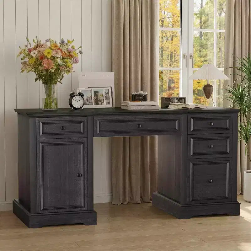 Bureau exécutif 60 po de style campagnard pour bureau à domicile – Bureau d'écriture en bois avec tiroirs, rangement d'armoire, bureau rustique pour le travail et les études