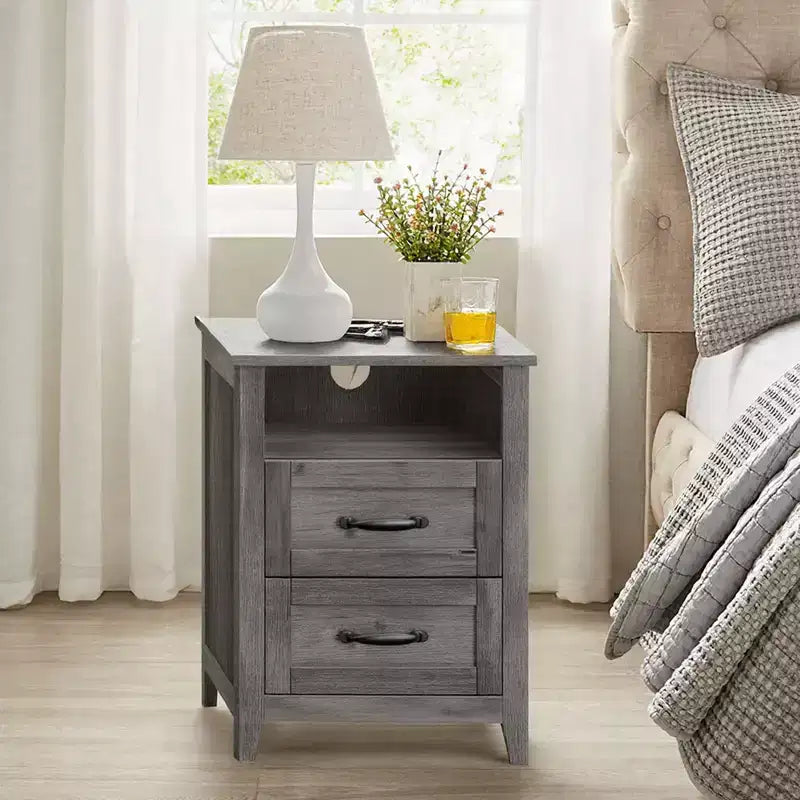 Lot de 2 tables de chevet de ferme avec port de chargement USB - Tables de nuit à 2 tiroirs, design rustique et moderne