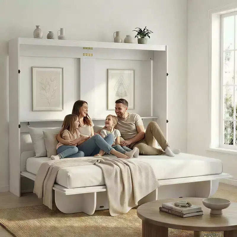 Lit escamotable 2-en-1 invisible Murphy avec étagères de rangement, Grand lit (Queen), Bois naturel (Matelas non inclus)