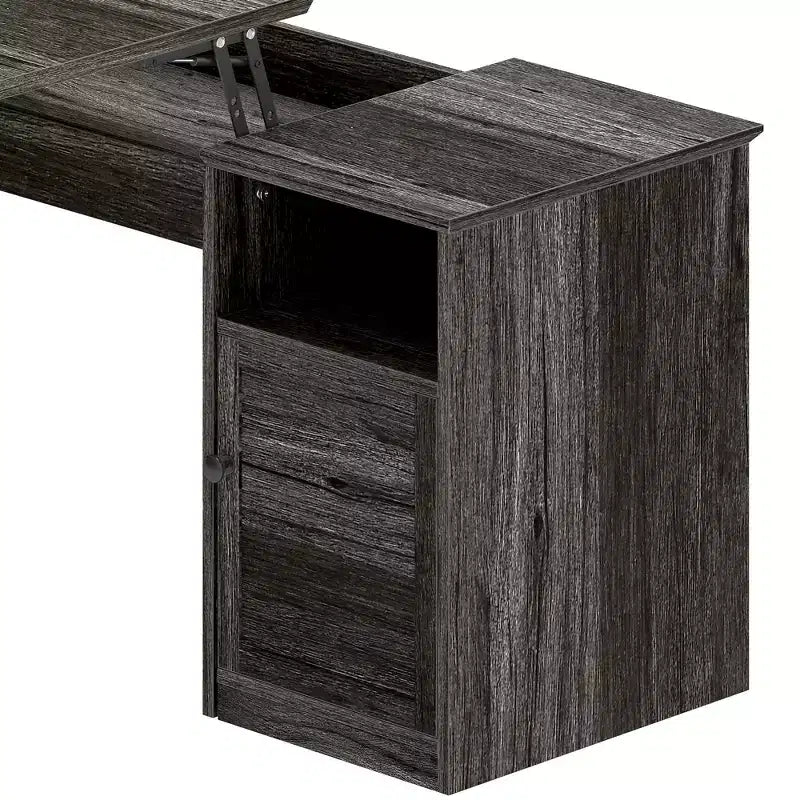 Bureau d'angle en L Balconera avec tiroirs, bureau d'ordinateur d'angle de 60 pouces avec prises de courant et plateau élévateur avec armoire de rangement et lumières LED Gris