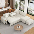 Canapé d'angle 4 places avec lit gigogne, pouf, ports USB et tablette rabattable