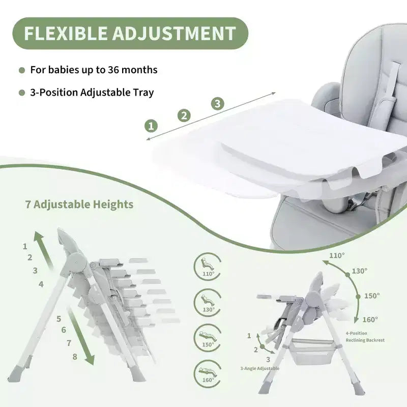 Chaise haute pliable pour bébés et tout-petits, chaise haute en cuir PU avec dossier réglable, hauteur d'assise, plateau amovible, harnais de sécurité 5 points et roues verrouillables