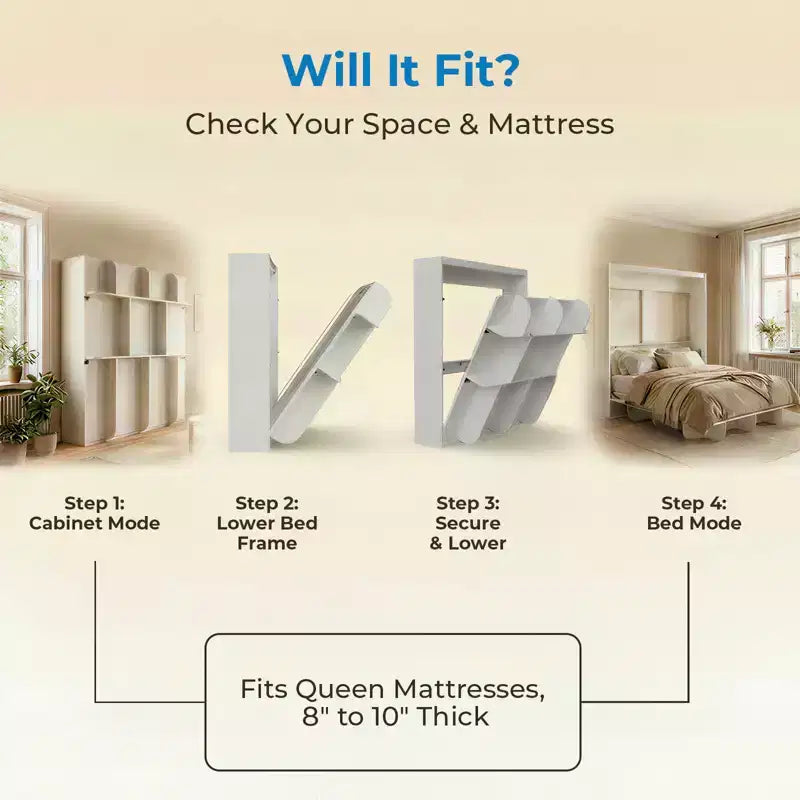 Lit escamotable 2-en-1 invisible Murphy avec étagères de rangement, Grand lit (Queen), Bois naturel (Matelas non inclus)