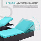 Ensemble de 2 chaises longues avec dossier réglable sur 5 positions, table basse d'extérieur, coussins déperlants, chaises de piscine en rotin PE