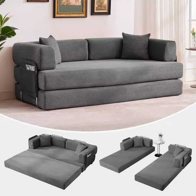 Canapé futon moderne en velours côtelé de 79 po pour petits espaces, canapé-lit convertible 5 en 1 avec accoudoirs et oreillers amovibles