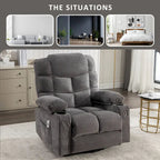 Fauteuil inclinable gris surdimensionné avec fonctions de chauffage et de massage, inclinaison à 150°, bascule à 30°, port USB pour la recharge et 2 porte-gobelets