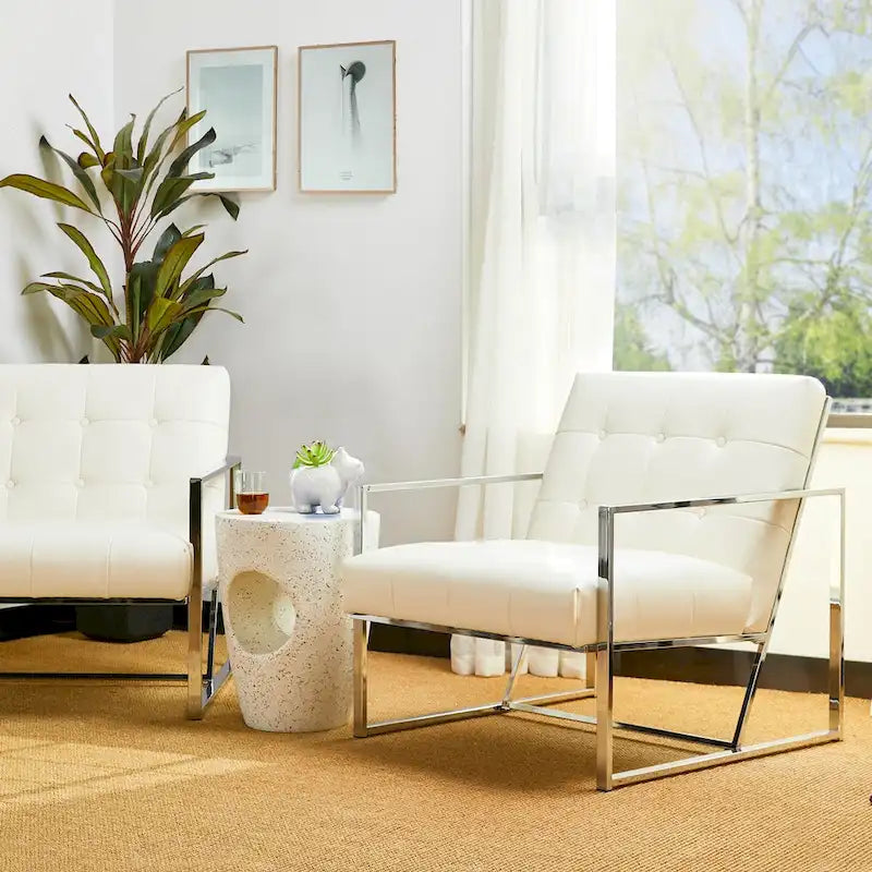 Glitzhome Fauteuil d'appoint touffeté en cuir PU crème, style milieu de siècle, 77,5 cm de hauteur, avec cadre chromé