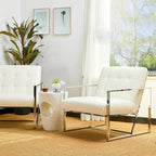 Glitzhome Fauteuil d'appoint touffeté en cuir PU crème, style milieu de siècle, 77,5 cm de hauteur, avec cadre chromé