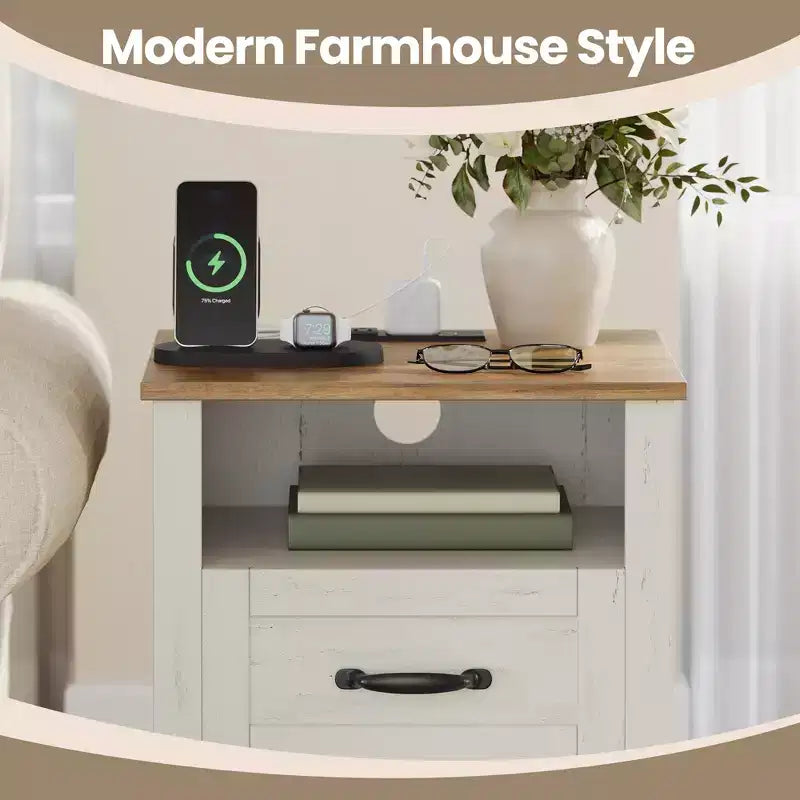 Lot de 2 tables de chevet de ferme avec port de chargement USB - Tables de nuit à 2 tiroirs, design rustique et moderne
