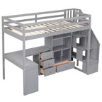 Lit mezzanine une place avec bureau en L, 3 tiroirs, placard, rangements intégrés dans l'escalier, en pin massif/MDF