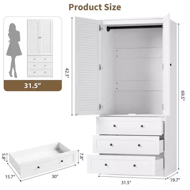 COZONY Armoire penderie avec 3 tiroirs et 2 portes, Placard de rangement moderne en bois pour chambre à coucher, Armoire sur pied blanche robuste