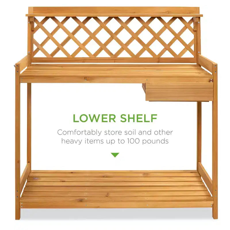 Table de rempotage de jardin en bois d'extérieur Best Choice Products, plan de travail avec tiroir de rangement et étagère ouverte
