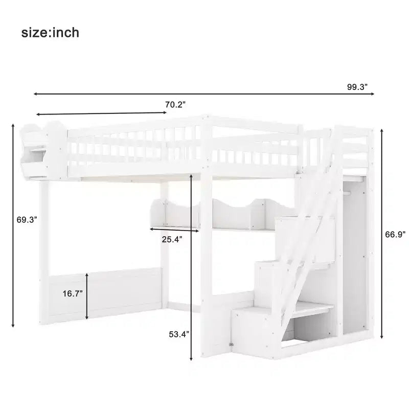 Lit mezzanine double avec escalier, armoire et étagères de rangement – MDF, 295 kg