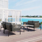 Ensemble de patio en corde d'extérieur 4 pièces pour 4 personnes avec coussins et table en verre